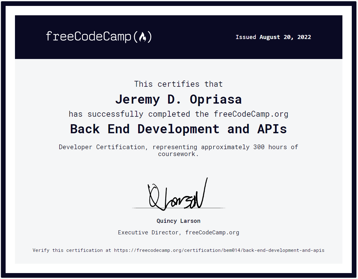 Backend Development and API certification